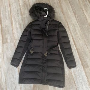 Express long black puff jacket size XS faux fur hoodie